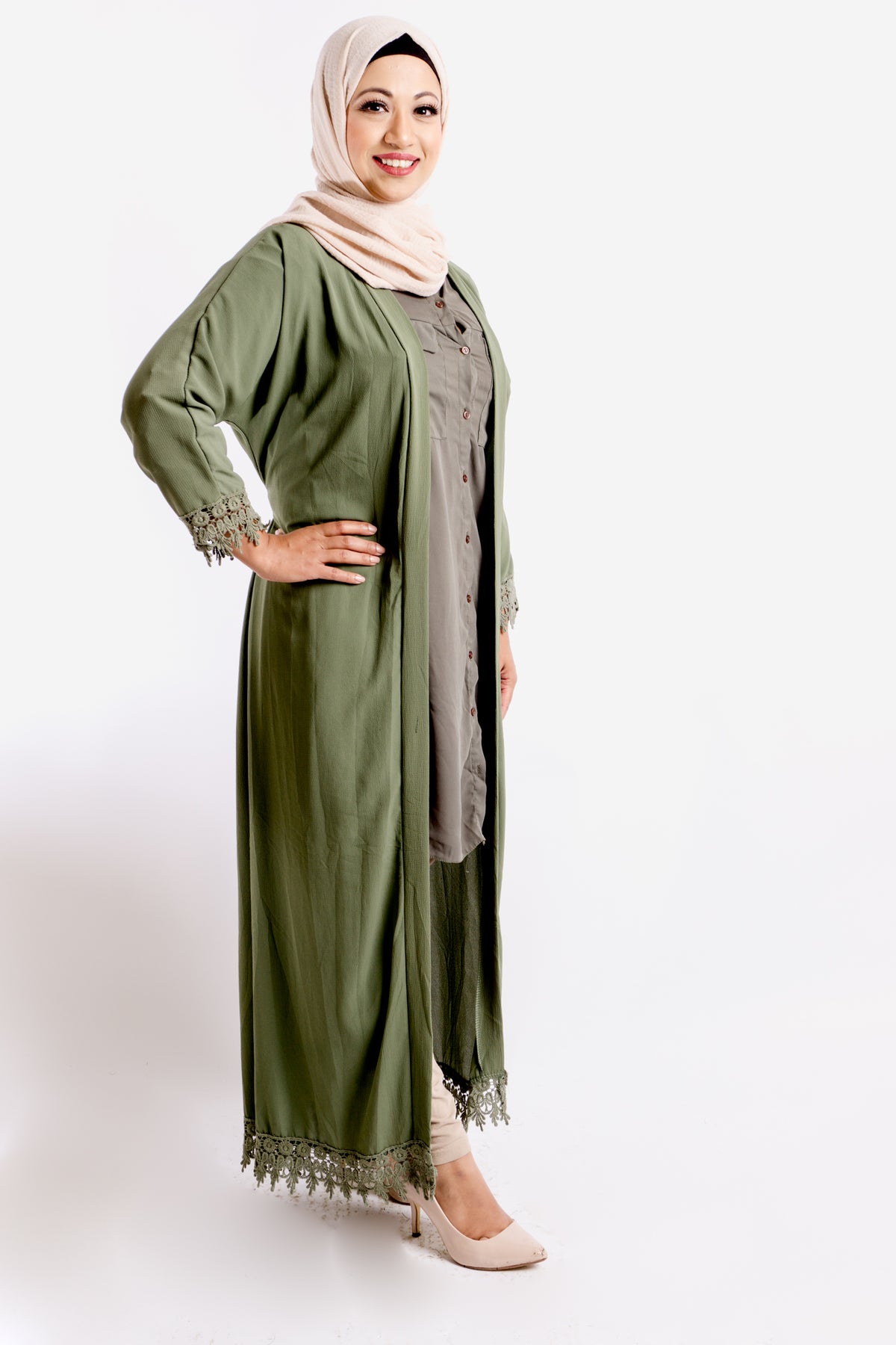 Classic Lace Open Abaya - Khaki