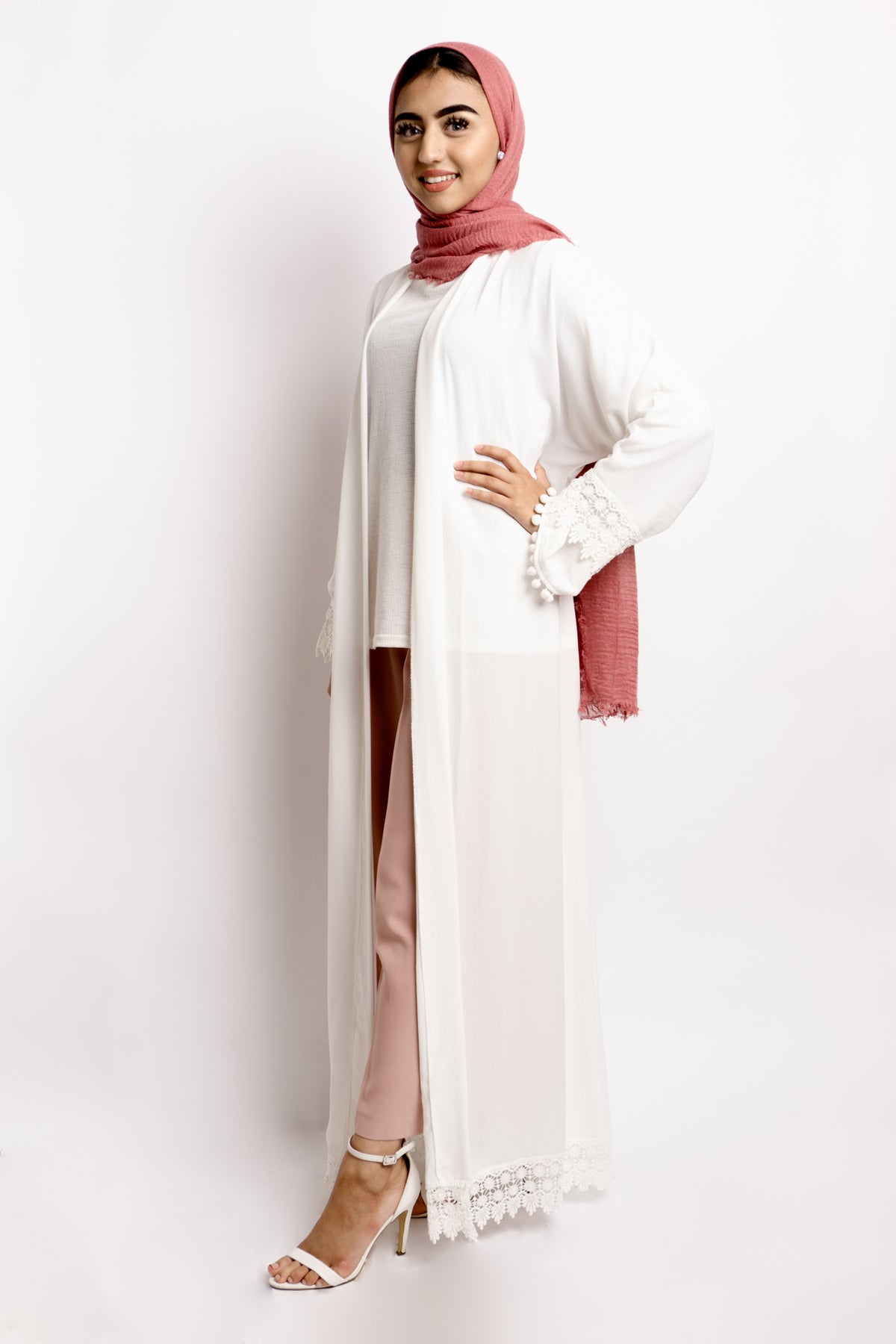 Classic Lace Open Abaya - White