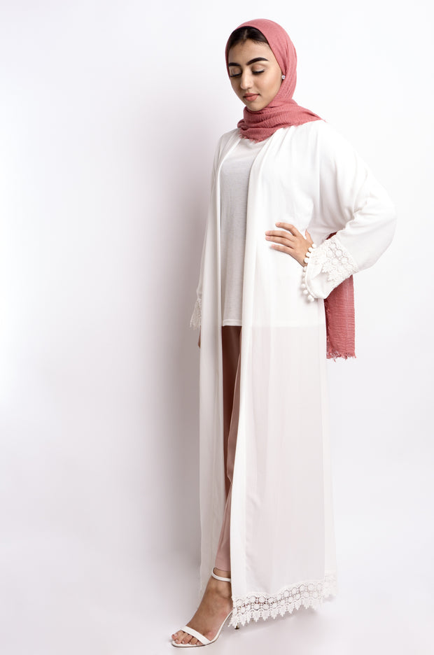Classic Lace Open Abaya - White